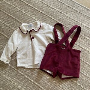 Like New Foque White and Burgundy Velvet Baby Shirt & Shorts Set Sz 9M